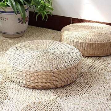 MAHAO Japanese Style Handcrafted Eco-Friendly Padded Knitted Straw Flat Seat Cushion,Hand Woven Tatami Floor Cushion Corn Maize Husk (Dia40cm/15.8" x 10cm/4")