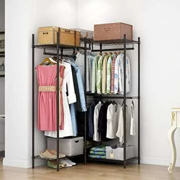 Xiofio 6 Tiers Heavy Duty Garment Rack, Storage Organizer, Metal Clothing Rack with Hanging Rod,Adjustable Shelf and Fixed Baskets,60.7" L x 15.7" W x 70.5" H Max Load 720LBS,Black·