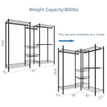 Xiofio 6 Tiers Heavy Duty Garment Rack, Storage Organizer, Metal Clothing Rack with Hanging Rod,Adjustable Shelf and Fixed Baskets,60.7" L x 15.7" W x 70.5" H Max Load 720LBS,Black·