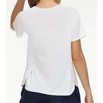 THE GYM PEOPLE Women's Short Sleeve Workout Shirts Breathable Yoga T-Shirts with Side Slits Athletic Tee Tops White