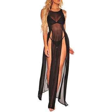 FairBeauty Women's Sexy Mesh Sheer Swimsuit Cover Ups Long Beach See Through Dress A-Black