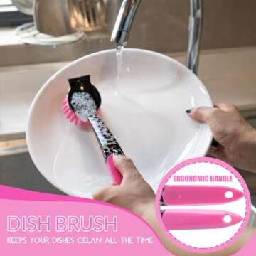 Pink Dish Brush, Kitchen Dish Scrub Brush Set, Dish Brush with Handle, Leopard Print Kitchen Scrub Brushes, 12-Piece Kitchen Cleaning Brush Set for Pots and Bottles, for Women