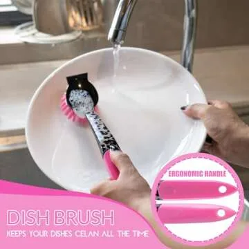 Pink Dish Brush, Kitchen Dish Scrub Brush Set, Dish Brush with Handle, Leopard Print Kitchen Scrub Brushes, 12-Piece Kitchen Cleaning Brush Set for Pots and Bottles, for Women