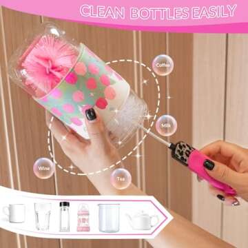 Pink Dish Brush, Kitchen Dish Scrub Brush Set, Dish Brush with Handle, Leopard Print Kitchen Scrub Brushes, 12-Piece Kitchen Cleaning Brush Set for Pots and Bottles, for Women