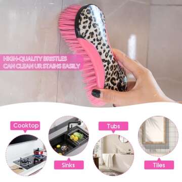 Pink Dish Brush, Kitchen Dish Scrub Brush Set, Dish Brush with Handle, Leopard Print Kitchen Scrub Brushes, 12-Piece Kitchen Cleaning Brush Set for Pots and Bottles, for Women
