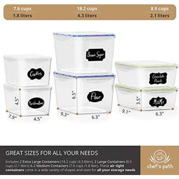 Chef's Path Food Storage Containers - Pantry Organization and Storage - Great for Flour, Sugar, Baking Supplies - Airtight Kitchen Bulk Food Canisters - BPA-Free - 6 PC Set - Spoons, 8 Labels & Pen