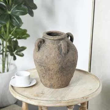 Deco 79 Ceramic Handmade Decorative Vase Textured Centerpiece Vase with Four Handles, Flower Vase for Home Decoration 10" x 10" x 12", Dark Brown