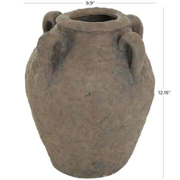 Deco 79 Ceramic Handmade Decorative Vase Textured Centerpiece Vase with Four Handles, Flower Vase for Home Decoration 10" x 10" x 12", Dark Brown