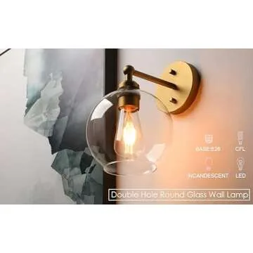 Yosoan Brass Boho Vanity Gold Bathroom Wall Sconce, 1-Light Indoor Hardwired Wall Mounted Vintage Industrial Fixture Lights with Double Hole Round Glass Lamp for Mirror, Living Room, Hallway(Antique)