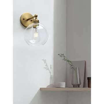 Yosoan Brass Boho Vanity Gold Bathroom Wall Sconce, 1-Light Indoor Hardwired Wall Mounted Vintage Industrial Fixture Lights with Double Hole Round Glass Lamp for Mirror, Living Room, Hallway(Antique)