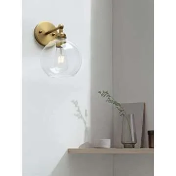 Yosoan Brass Boho Vanity Gold Bathroom Wall Sconce, 1-Light Indoor Hardwired Wall Mounted Vintage Industrial Fixture Lights with Double Hole Round Glass Lamp for Mirror, Living Room, Hallway(Antique)