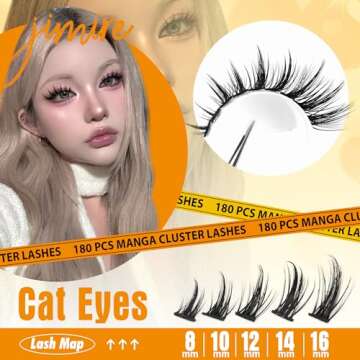 JIMIRE Wispy Lash Clusters Extensions 180Pcs Anime Eyelash Clusters D Curl Manga Lashes Clusters Nat...