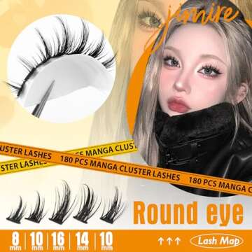 JIMIRE Wispy Lash Clusters Extensions 180Pcs Anime Eyelash Clusters D Curl Manga Lashes Clusters Natural Look 8-16MM Cluster Eyelash Extensions Individual Lash Extension Pack