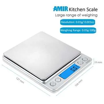 (Upgraded) AMIR Digital Kitchen Scale, 500g Mini Pocket Jewelry Scale, Food Scale, Coffee Scale, Back-Lit LCD Display, 2 Trays, 6 Units, Auto Off, Tare, PCS, Stainless Steel (Batteries Included)