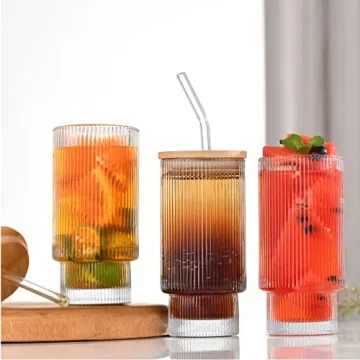 XiRiDa Stylish Ribbed Drinking Glasses Set with Lids