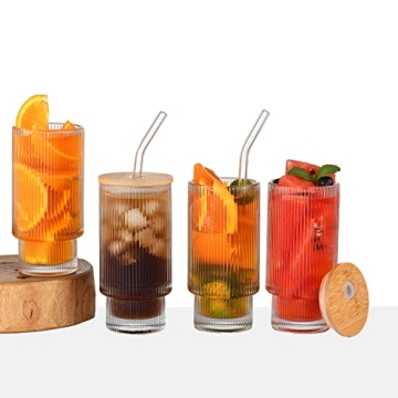 XiRiDa Stylish Ribbed Drinking Glasses Set with Lids