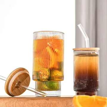XiRiDa Stylish Ribbed Drinking Glasses Set with Lids