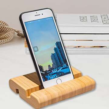 LIFATION Bamboo Phone Stand Stylish Cellphone Holder for Desk Wood Smartphone Stand with Natural Design