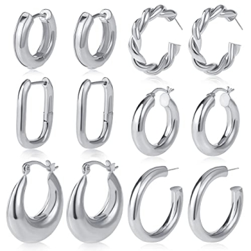 Chunky Silver Hoop Earrings Set 14K Gold Plated Hypoallergenic Jewelry