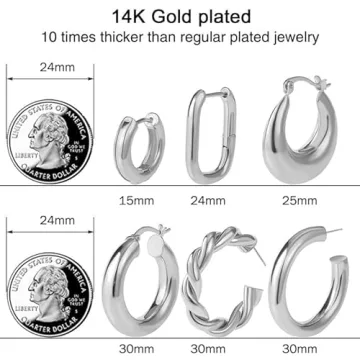 Chunky Silver Hoop Earrings Set 14K Gold Plated Hypoallergenic Jewelry