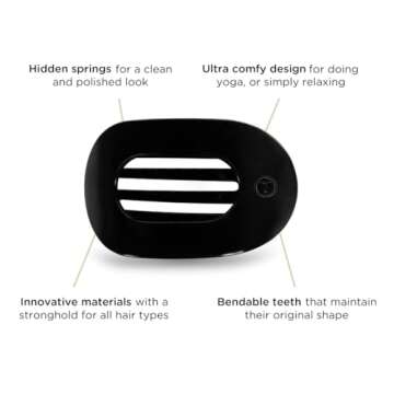 TELETIES - Large Flat Round Clip - Strong Grip, Bendable Teeth, Comfortable Curved Design - For Lying Down, Yoga, Driving & More - Ideal for Thick Hair - For All Hair Textures - Jet Black