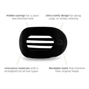 TELETIES - Large Flat Round Clip - Strong Grip, Bendable Teeth, Comfortable Curved Design - For Lying Down, Yoga, Driving & More - Ideal for Thick Hair - For All Hair Textures - Jet Black