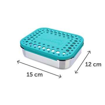 LunchBots Medium Trio II Snack Container - Divided Stainless Steel Food Container - Three Sections for Snacks On the Go - Eco-Friendly, Dishwasher Safe, BPA-Free - Stainless Lid - Aqua Dots