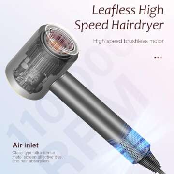 Brushless Powerful Hair Dryer, 1600W 110,000 RPM Fast Drying High Speed Low Noise Blow Dryer with Ne...