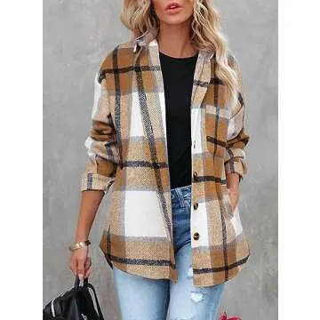 Beaully Womens Casual Plaid Brushed Flannel Button Down Pocketed Shirt Jacket Shackets Coats 6025 Kahki X-Large