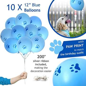 Cloudy Come CoN Dog Birthday Boy Bandana with Paw Print Party Cone Hat and 10 Balloons - Great Dog Birthday Outfit and Decoration Set - Perfect Dog or Puppy Birthday Gift