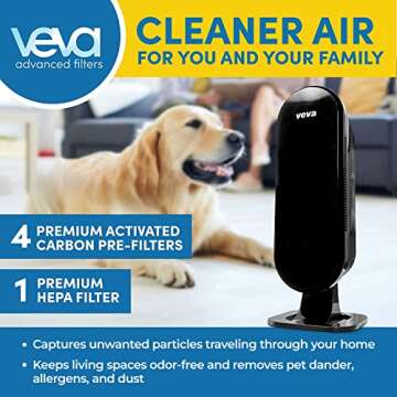 VEVA 8000 Black Air Purifier for Home, Pets Hair, Dander, Large Room, 325 Sq Ft., HEPA Filter & 4 Pr...