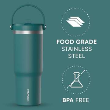 Hydrapeak Nomad 32 oz Tumbler with Handle and Straw Lid, Leakproof, Double Insulated, 32oz Cup Stainless Steel (Aegean)