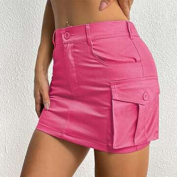 Womens Hot Pink Skirts Trendy Y2k Low Rise Summer Mini Skirt with Pockets Demin Bodycon Cargo Skirts Hot Pink L