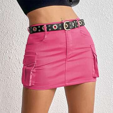 Womens Hot Pink Skirts Trendy Y2k Low Rise Summer Mini Skirt with Pockets Demin Bodycon Cargo Skirts Hot Pink L