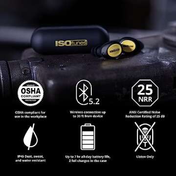 ISOtunes Free 2.0 Listen Only: True Wireless Bluetooth Hearing Protection, No Microphone (for Workplace Compliance), Improved 25 dB Noise Reduction Rating, 79 dB Audio Output, OSHA Compliant