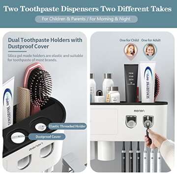 BHeadCat Toothbrush Holders Wall Mounted, Toothbrush Holder with Automatic Toothpaste Dispensers, 6 Brush Slots, 3 Magnetic Cups,1 Cosmetic Drawer Organizer and 1 Large Storage Tray
