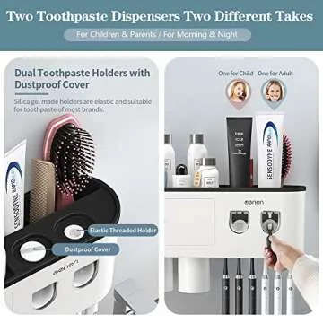 BHeadCat Toothbrush Holders Wall Mounted, Toothbrush Holder with Automatic Toothpaste Dispensers, 6 Brush Slots, 3 Magnetic Cups,1 Cosmetic Drawer Organizer and 1 Large Storage Tray
