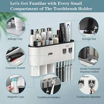 BHeadCat Toothbrush Holders Wall Mounted, Toothbrush Holder with Automatic Toothpaste Dispensers, 6 Brush Slots, 3 Magnetic Cups,1 Cosmetic Drawer Organizer and 1 Large Storage Tray