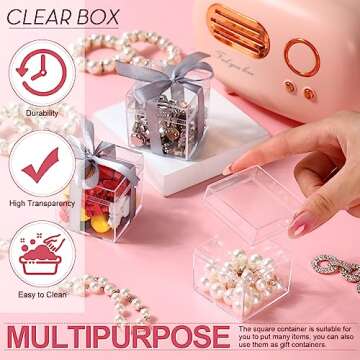 Leinuosen 100 Pcs 2 x 2 x 2 Inch Clear Acrylic Plastic Box with Lid Square Candy Containers for Party Favors Small Square Cube Storage Candy Box for Pill Tiny Earring Jewelry Herb Bead Gifts