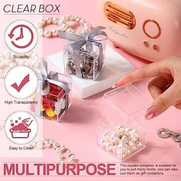 Leinuosen 100 Pcs 2 x 2 x 2 Inch Clear Acrylic Plastic Box with Lid Square Candy Containers for Party Favors Small Square Cube Storage Candy Box for Pill Tiny Earring Jewelry Herb Bead Gifts