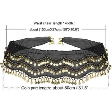 COSICS Belly Dance Hip Scarf, Women's Black Chiffon Belly Dancing Scarf with 128 Gold Coins for Yoga...