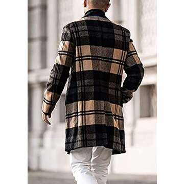 chouyatou Men's Casual Notched Collar Plaid Single Breasted Wool Blend Formal Trench Top Coat (Brown...
