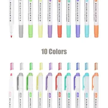 Zosxi Highlighters Double Ended Mild 10 color Highlighters Fluorescent Marker pen for Coloring Underlining Highlighting Broad and Fine Tips Assorted 10 Colors set (10-Pack Flourescent)