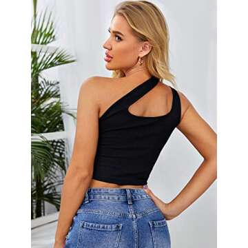 Floerns Women's Casual One Shoulder Sleeveless Cut Out Rib Knit Crop Tank Top Black M