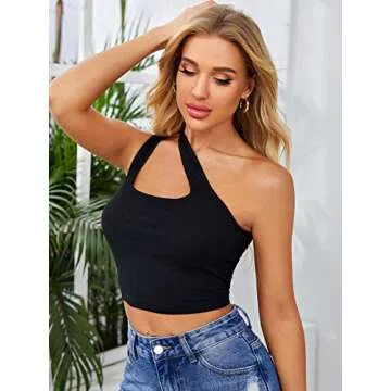 Floerns Women's Casual One Shoulder Sleeveless Cut Out Rib Knit Crop Tank Top Black M