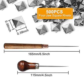 SBYURE 500 Pieces 10mm Four-Jaw Square Rivets and Awl Set for DIY Projects