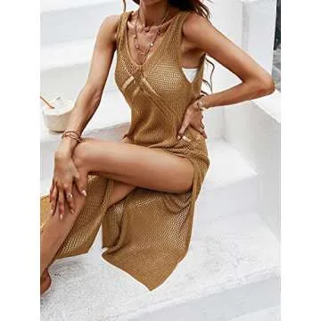 CUPSHE Women's Crochet Bathing Suit Cover Up Sleeveless Hollow Out Swimwear Beach Bikini Coverups Dress Brown Small