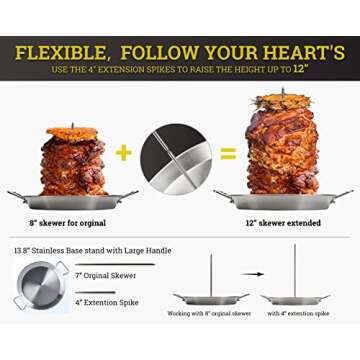 Tacos Al Pastor Skewers for Grilling, BBQ Gyro Meat Stand - Vertical Skewer Rotisserie Kit Includes 7" Stainless Stick, 4" Extension Spikes and 10.5" Roaster Pan. Kebob Maker for Shawarma, Kebabs