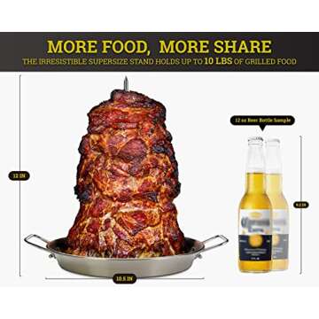Tacos Al Pastor Skewers for Grilling, BBQ Gyro Meat Stand - Vertical Skewer Rotisserie Kit Includes 7" Stainless Stick, 4" Extension Spikes and 10.5" Roaster Pan. Kebob Maker for Shawarma, Kebabs