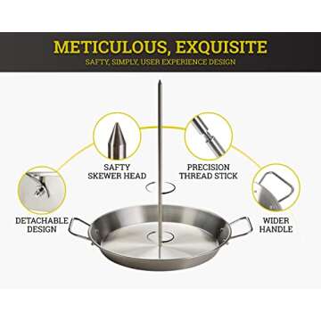 Tacos Al Pastor Skewers for Grilling, BBQ Gyro Meat Stand - Vertical Skewer Rotisserie Kit Includes 7" Stainless Stick, 4" Extension Spikes and 10.5" Roaster Pan. Kebob Maker for Shawarma, Kebabs